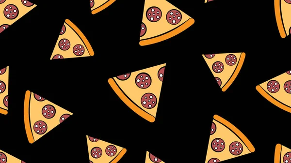 Tranche de pizza sur fond noir, illustration vectorielle, motif. collation fast-food nocif. décor de papier peint et cuisine. conception de papier peint inhabituelle pour la zone de cuisson — Image vectorielle