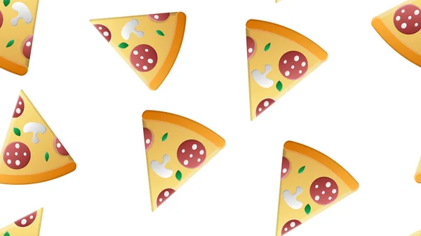 Pizza-Scheibe auf weißem Hintergrund, Vektorillustration, Muster. Pizza gefüllt mit Wurst, Speck, Pilzen, Käse und Kräutern. Dekor für Restaurant und Café, Tapete für Küche — Stockvektor