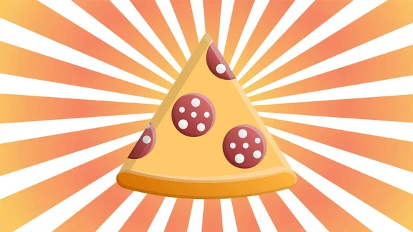Vektorillustration. Pizza skiva med smält ost och pepperoni på blå bakgrund med lysande strålar. Klistermärke i tecknad stil med kontur. För plåster, tryck för kläder, märken, affischer, menyer — Stock vektor