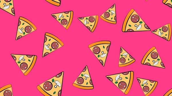 Slice of pizza on a pink background, vector illustration, pattern. pizza stuffed with sausage, bacon, mushrooms, cheese and herbs. decor for restaurant and cafe, wallpaper for kitchen — Stock Vector