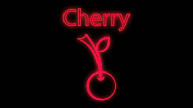Siyah arka planda kiraz, kırmızı dut, vektör illüstrasyonu, neon. Yeşil dallı, sulu bir kiraz. Kırmızılı neon levha ve kiraz. Kafelerin ve restoranların dekorasyonu