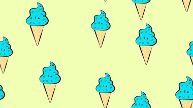 Sarı arka planda mavi taşaklı dondurma, vektör çizimi, desen. Yemek pişirme alanı için duvar kağıdı. Mutfak, restoran ve kafe dekorasyonu