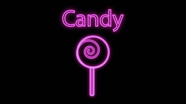 Çubukta yuvarlak karamel, siyah arkaplan, vektör çizimi, neon. Üzerinde yazı şekeri olan mor renkli neon bir tabela. Restoranlar ve kafeler için tasarım ve dekor