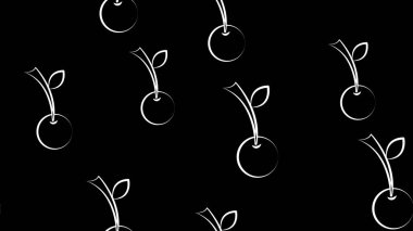 Siyah arka planda kiraz, kırmızı böğürtlen, vektör çizimi, desen. Yeşil dallı, sulu bir kiraz. Mutfak dekorasyonu için duvar kağıdı. Yemek servisi için dekor, kafe. tebeşir çizim biçimi