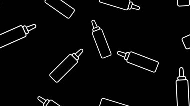 Siyah arkaplanda hardal, vektör çizimi, desen. Bir kafe ve restoran tasarımı. Yol kenarı lokantası dekoru. Fast food, öğle yemeği için aperatif. sosisli hardal.