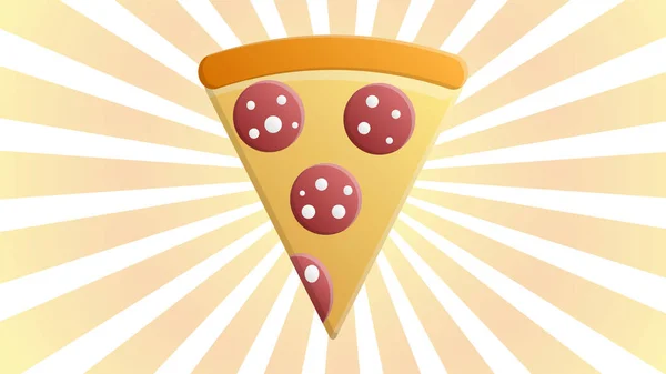 Illustration vectorielle. Tranche de pizza au fromage fondu et pepperoni sur fond bleu avec des rayons brillants. Sticker en style dessin animé avec contour. Pour patchs, imprimés pour vêtements, badges, affiches, menus — Image vectorielle