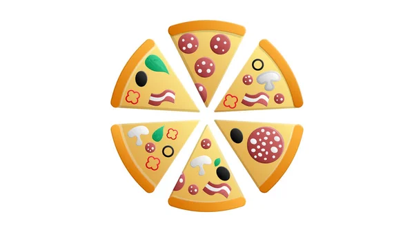 Barevné kulaté chutné pizzy na bílém pozadí se salámovými rajčaty houbami a olivami ploché izolované vektorové ilustrace — Stockový vektor