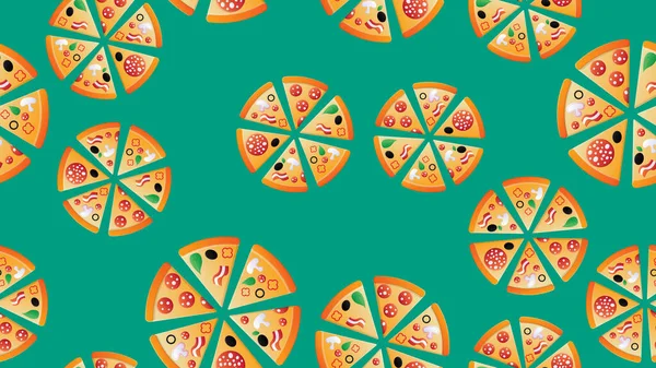 Patrón sin costuras de letras de dibujos animados pizza sobre un fondo verde. Imagen vectorial — Vector de stock