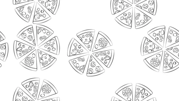 Patrón lineal sin costuras de pizza redonda grande. Comida rápida italiana con salami, queso y tomates. Línea negra sobre fondo blanco aislado. Vector. Plantilla para menú, letrero, volante, cartel — Vector de stock