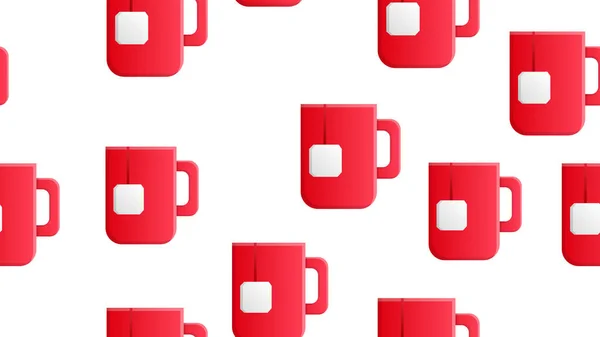 Caneca de chá vermelho com um saco de chá dentro em um fundo branco, ilustração vetorial, padrão. chá com um saco de chá descartável. papel de parede para café, cozinha, decoração de café —  Vetores de Stock
