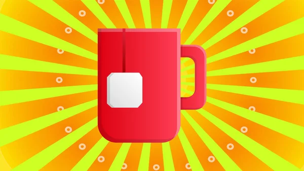 Caneca de chá vermelho com um saco de chá dentro em um fundo retro amarelo, ilustração vetorial. chá com um saco de chá descartável. cerimônio orçamento chá. chá rápido, fast food —  Vetores de Stock