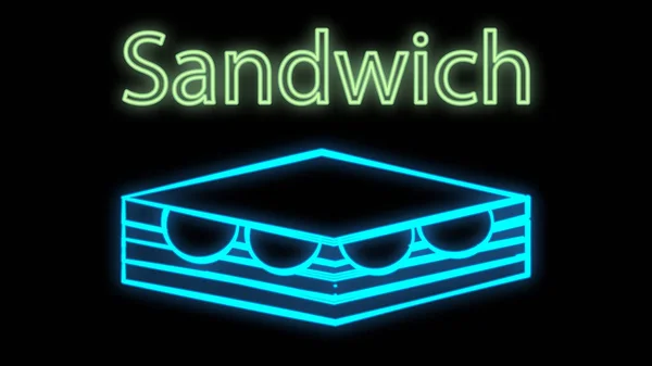 Sandwich mit Füllung auf schwarzem Hintergrund, Vektorillustration, Neon. Neonfarbenes Schild mit der Aufschrift, blau. Gestaltung eines Cafés, Restaurants. Beleuchtung, helles Zeichen für Fast Food — Stockvektor