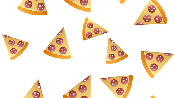 Rebanada de pizza en masa fina, fondo blanco, ilustración vectorial, patrón. pizza rellena de carne y hierbas, queso. diseño y decoración de cocina, papel pintado, comida rápida y catering — Vector de stock