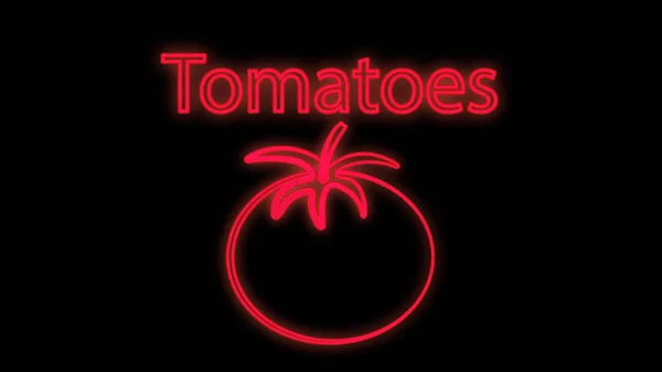 Tomate sobre fondo negro, ilustración vectorial, neón. apetecible, tomate redondo, comida saludable. rojo neón, iluminación brillante, un signo con el nombre de tomate — Vector de stock