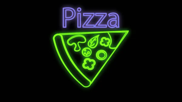 Slice of pizza on thin crust, on a black background, vector illustration, neon. green neon sign, signboard with inscription. design of a cafe and restaurant. neon sign — Stock Vector