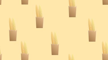 Ekmek ve hamur işi kusursuz desenli, taze somun ve çörek eskiziyle. Buğday ekmeği, kruvasan ve baget, kek, tost ve kek, kurabiye, çikolata rulosu ve simit, un torbası ve fırıncı şapkası.