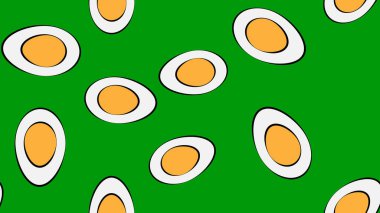 Yeşil arka planda haşlanmış yumurta, vektör çizimi, desen. Sarı yumurtalı yumurta. Nefis kahvaltı. Kusursuz bir illüstrasyon. Kafeler ve restoranlar için şık bir dekor