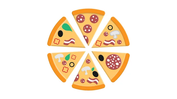 Pizza med toppings på en vit bakgrund, vektor illustration. en hel del pizza skiva med olika toppar av salami med ister, oliver, bacon och grönsaker. snabbmat mellanmål, salt mat — Stock vektor