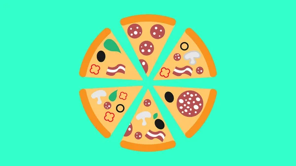 Pizza con coberturas sobre fondo azul, ilustración vectorial. una gran cantidad de rebanada de pizza con diferentes rellenos de salami con manteca de cerdo, aceitunas, tocino y verduras con hierbas. snack de comida rápida — Vector de stock