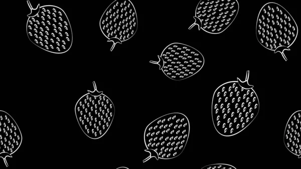 黒の背景にイチゴベクトルイラストパターン。おいしい甘いベリー。シームレスなイラスト、クレヨンで白黒の絵を描くスタイルの壁紙 — ストックベクタ