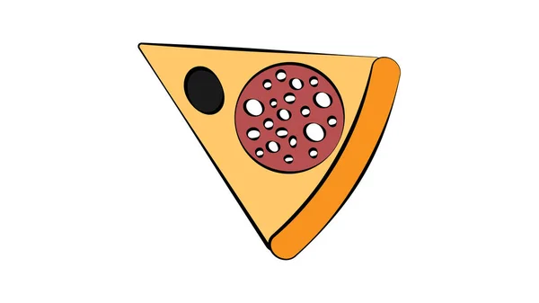 Skiva pizza på en vit bakgrund, vektor illustration. En aptitlig pizzabit fylld med salami och svarta oliver. fet snabbmatslunch, salt kaloririkt mellanmål — Stock vektor