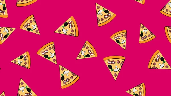 Fetta di pizza su fondo rosa, illustrazione vettoriale, motivo. pizza appetitosa e gustosa con una varietà di paprica, carne, ripieno di verdure. modello senza soluzione di continuità, sfondo, modello infinito — Vettoriale Stock