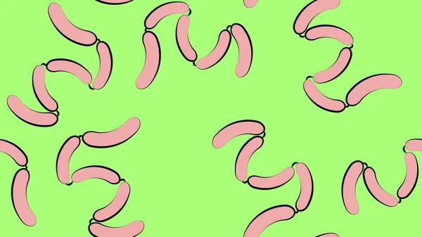 Λουκάνικα σε πράσινο φόντο, διανυσματική απεικόνιση, μοτίβο. Roy λουκάνικα σε φυσικό περίβλημα, κρέας αγρόκτημα. αδιάλειπτη μοτίβο, φόντο, ατελείωτες μοτίβο — Διανυσματικό Αρχείο