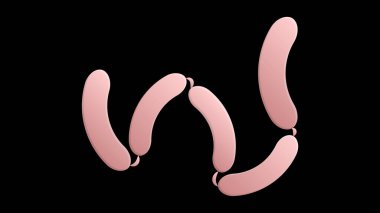 Siyah arka planda sosisler, vektör çizimi. Öğle ve akşam yemeği için bir sürü sosis. Izgara sosis, lezzetli et aperatifleri. Et lezzetleri için doğal ambalaj