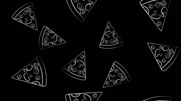 Tranche de pizza sur fond noir, illustration vectorielle, motif. pizza appétissante et savoureuse avec une variété de paprika, viande, garniture de légumes. motif sans couture, fond, motif sans fin — Image vectorielle