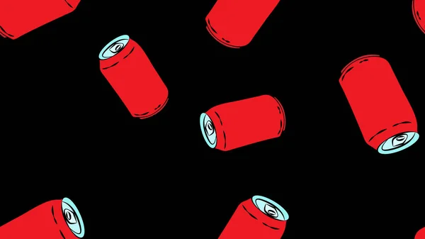 Botellas de lata sobre fondo negro, ilustración vectorial, patrón. botella para bebidas y limonadas. recipiente para soda roja. patrón sin costuras, ilustración creativa y color, fondo de pantalla — Vector de stock