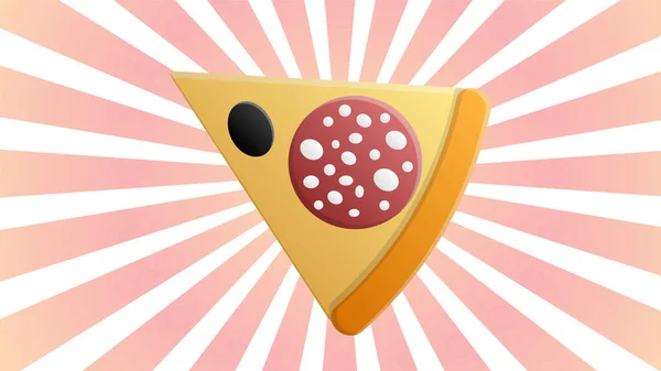 Skiva pizza på en vit och rosa retro bakgrund, vektor illustration. En aptitretande pizzabit fylld med salami, bacon och oliver. snabbmat mellanmål, salt mat — Stock vektor