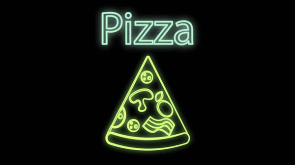Skiva Pizza Svart Bakgrund Vektor Illustration Neon Neon Ljus Grön — Stockfoto