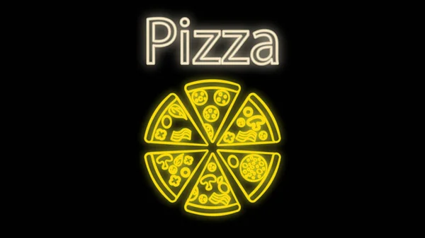 Pizza Svart Bakgrund Vektor Illustration Neon Pizza Med Fyllning Neongul — Stockfoto