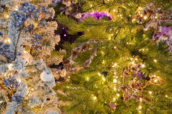 Primo Piano Decorato Dell Albero Natale Palle Rosse Dorate Ghirlanda — Foto Stock