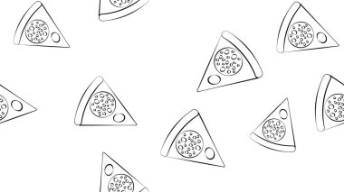 Beyaz arka planda bir dilim pizza, vektör çizimi, siyah beyaz desenli. Çeşitli dolgulu pizza. Kusursuz desen, arka plan, sonsuz desen. dekor ve duvar kağıdı.