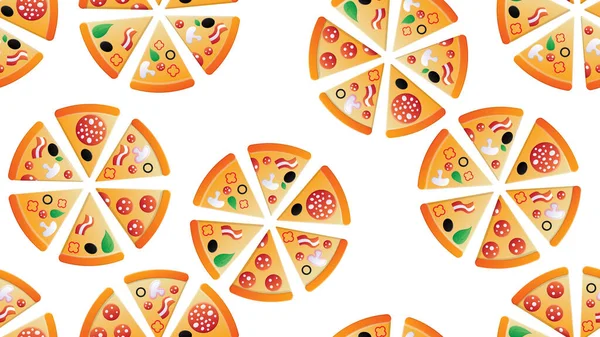 Pizza Orange Bakgrund Vektor Illustration Mönster Pizza Med Olika Fyllningar — Stock vektor