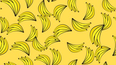 Muz desenli vektör. Beyaz arka planda bir grup olgun muz. Gıda tasarımı, restoran, ambalaj, sağlık ürünleri için. Arkaplan, etiket, dekorasyon olarak kullanılabilir.