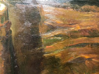 Kahverengi desenli, bej boyalı. Ahşap renginde tuval üzerine boya. Akrilik bir fırçayla tuvale uygulandı. Sanatçı paleti, suyla karıştırılmış boyalar. arkaplan.