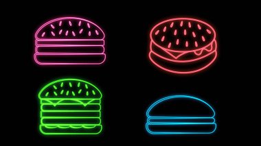 Burger cafe neon tabela seti. Ateşli hamburger, patates kızartması, hardallı sosisli ve tuğla kaplama duvar arkası. Fast food restoranı, hamburgerci, yemek gibi konular için neon tarzı illüstrasyon.