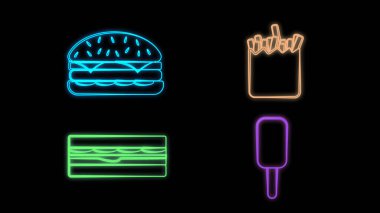 Neon fast food seti, büyük set, pizza, patates kızartması, burger, dondurma, çörek, hot dog, kokteyl ve taco, neon ışığı, tuğla arka plan, vektör illüstrasyonu.