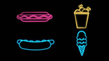 Neon sokak yemeği ikonu seti. Vektör fast food tabelaları koleksiyonu. Piktogram çizimlerini çizgi şeklinde parlaklaştırmak. Kafe, teslimat, tezgah, tezgah, satıcı için basit işaretler.
