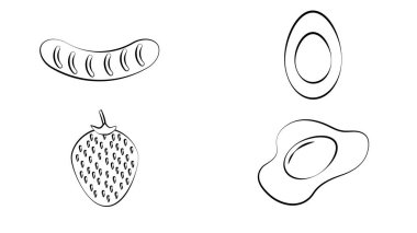 Hot Breakfast set, vector illustration, hand drawing, sketch, scrambled eggs, sausage, toast, champignon, coffee, croissant, strawberry, jam, sugar, fork, knife and spoon. vector Hot Breakfast set, vector illustration, hand drawing, sketch, scrambled eggs, sausage, toast, champignon, coffee, croissant, strawberry, jam, sugar, fork, knife and spoon. vector