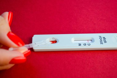 Kırmızı arka planda koronavirüs testi. Parlak kırmızı manikürlü kız kan testi yapıyor. IgG ve IgM antikorlarının belirlenmesi, hassas analiz.