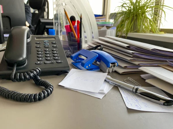 Black Landline Telephone Tube Buttons Wire Work Table Office Desk — Stock Photo, Image