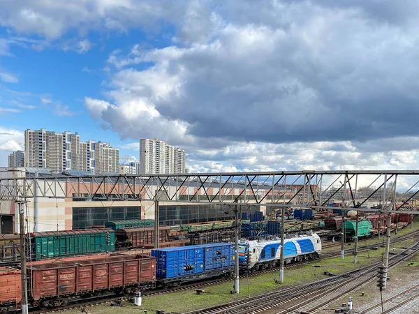Vista Aérea Del Patio Ferroviario Minsk Sortirovochny Con Vagones Mercancías — Foto de Stock