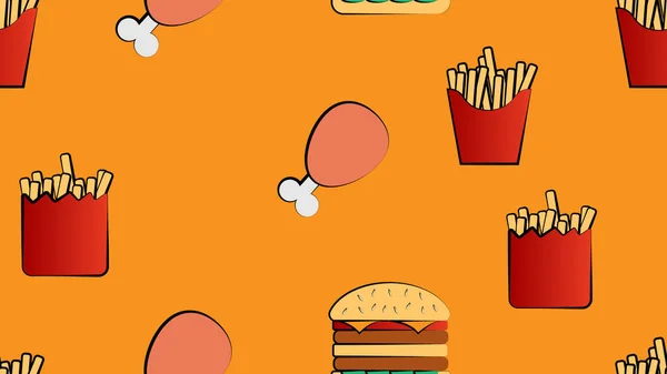 Farklı Lezzetli Patates Kızartmaları Hamburgerler Turuncu Arka Planda Fast Food — Stok Vektör