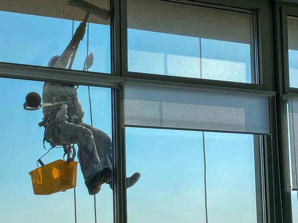 A male window washer worker, industrial climber hangs from a tall building, skyscraper and washes large glass windows for cleanliness high above a large city.