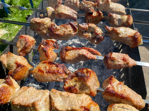 Cozinhar Carne Grelhada Militares Preparam Churrasco Homem Uniforme Militar Camuflagem — Fotografia de Stock