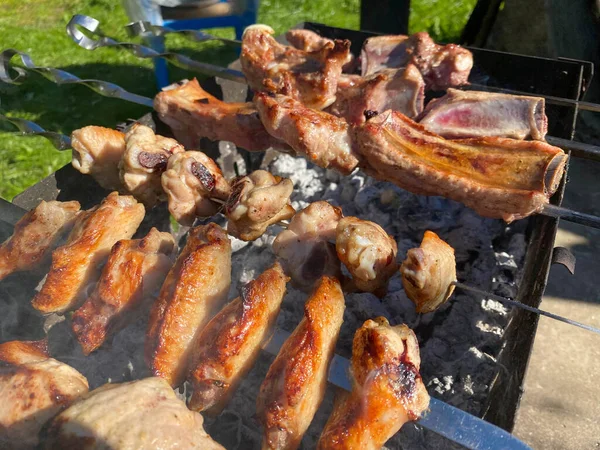 Sæt Shish Kebabs Eller Barbecue Shashlik Collection Charcoal Baggrund Skewered - Stock-foto
