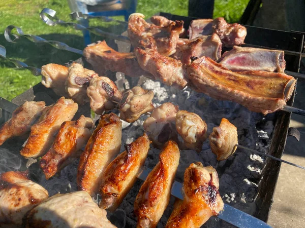 Heerlijke Mooie Gebakken Kebab Van Varkensvlees Kippenvleugels Varkensribbetjes Rook Gekookt — Stockfoto